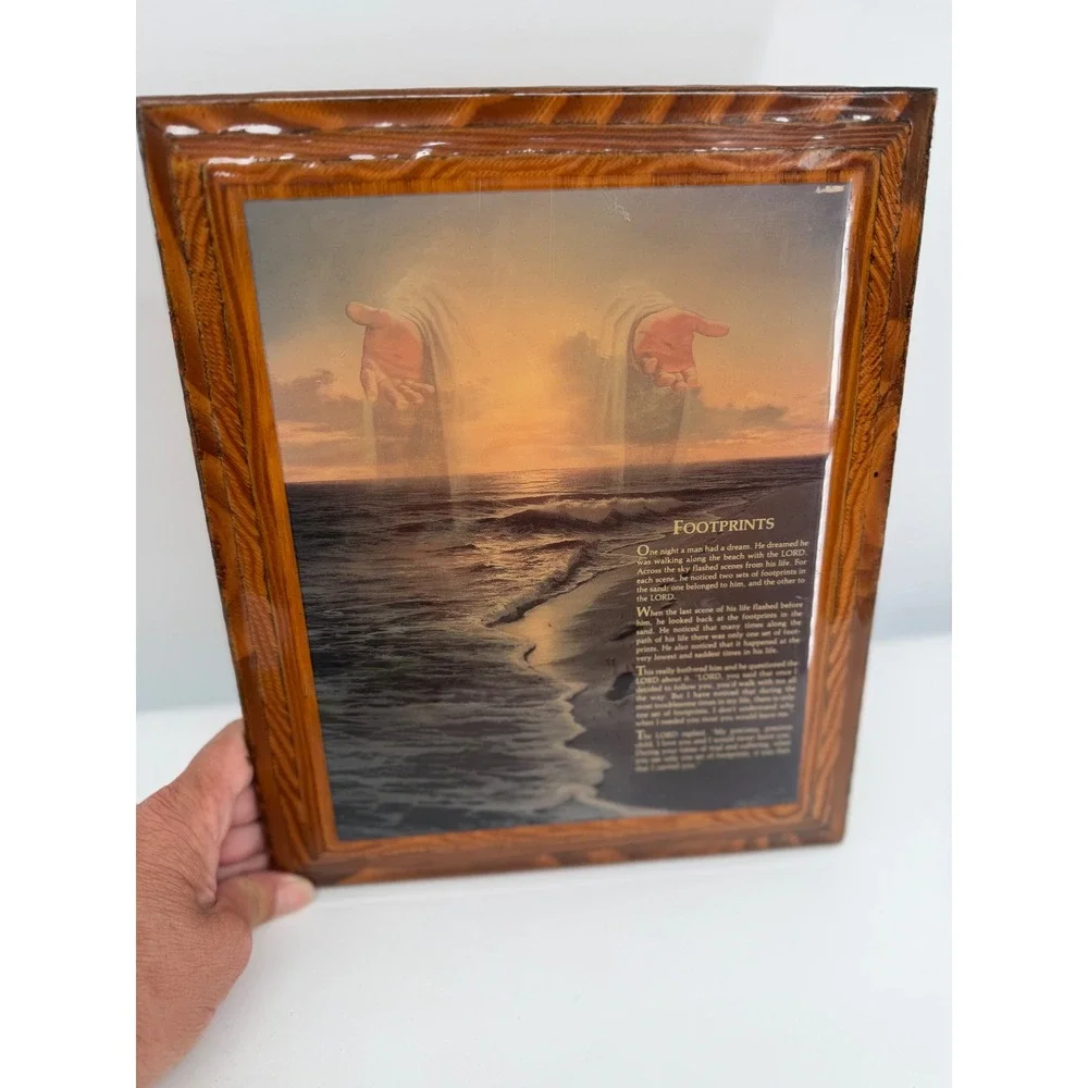 Footprints in the Sand Plaque Brown Wood Resin Religious Laminated Christian